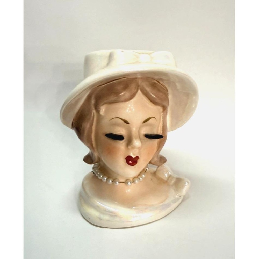 Vintage 1950s Lady Head Vase #2424 Pearlized Lusterware Hat Lefton Napco Japan